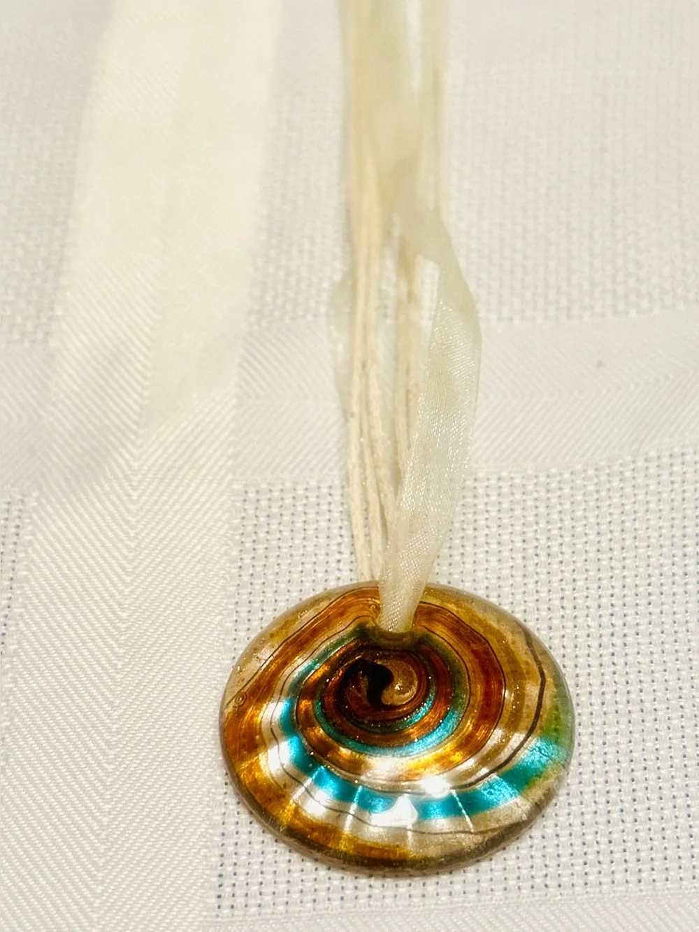 Murano Style Spiral Art Glass Round Bronze/Teal Pendant Necklace w/Claw Clasps